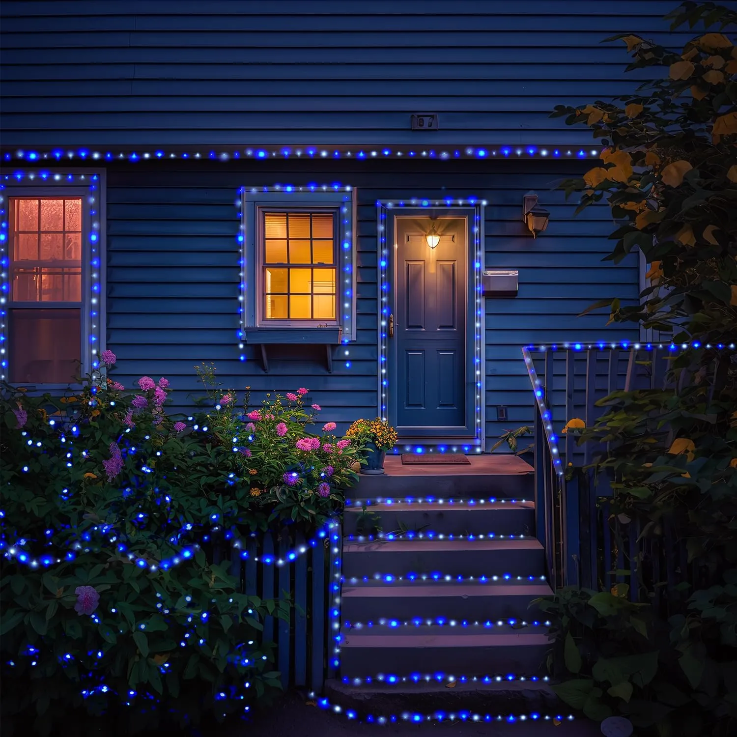 JMEXSUSS 2 Pack Blue and White Solar Christmas Lights, Each 33FT 100 LED Solar String Lights Outdoor Waterproof, 8 Modes Mini Fairy Lights for Outside Yard Patio Christmas Decorations
