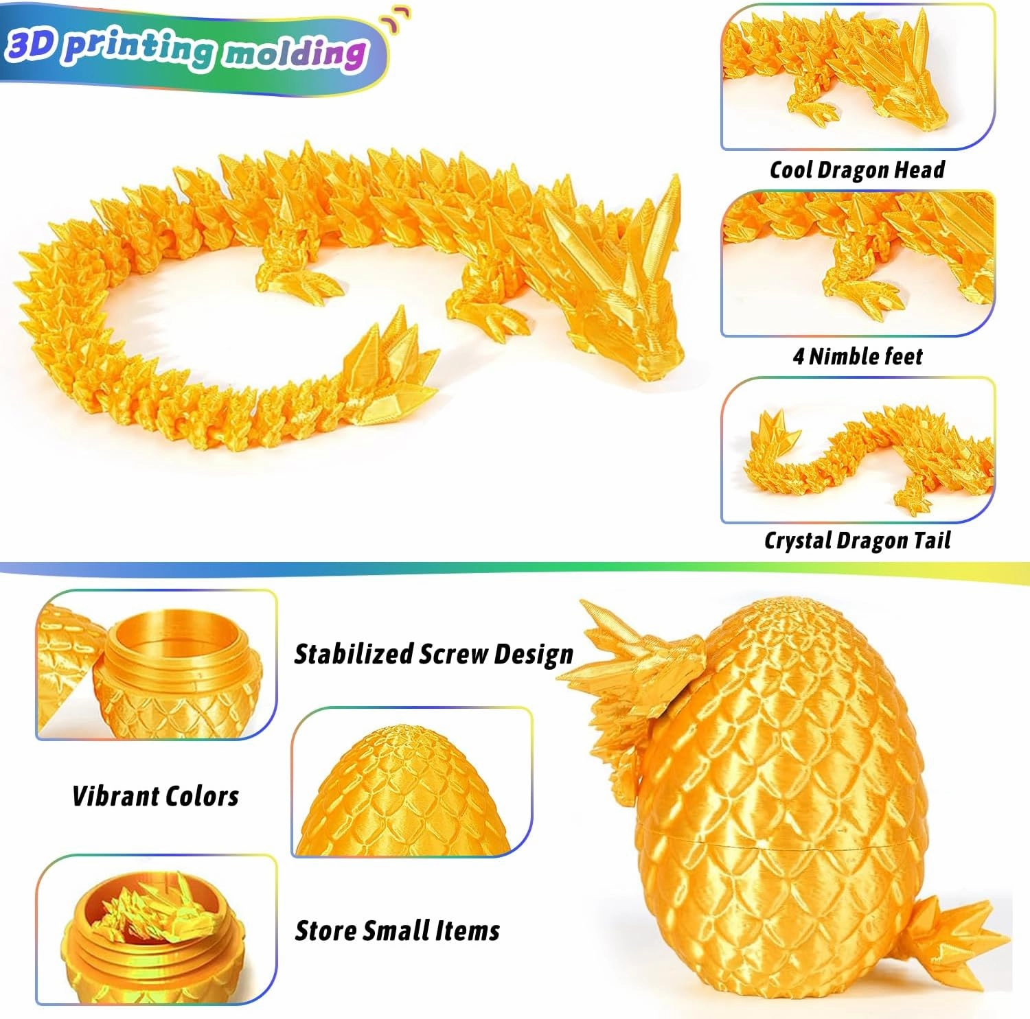 JOD® 4PCS 3D Printed Dragon Eggs with Dragon Inside – Articulated Fidget Toys, Easter Dragon Eggs, Mystery Surprise Easter Eggs for Kids, Unique 3D Printed Animals, Home Decor and Gift Set(6pc-b)