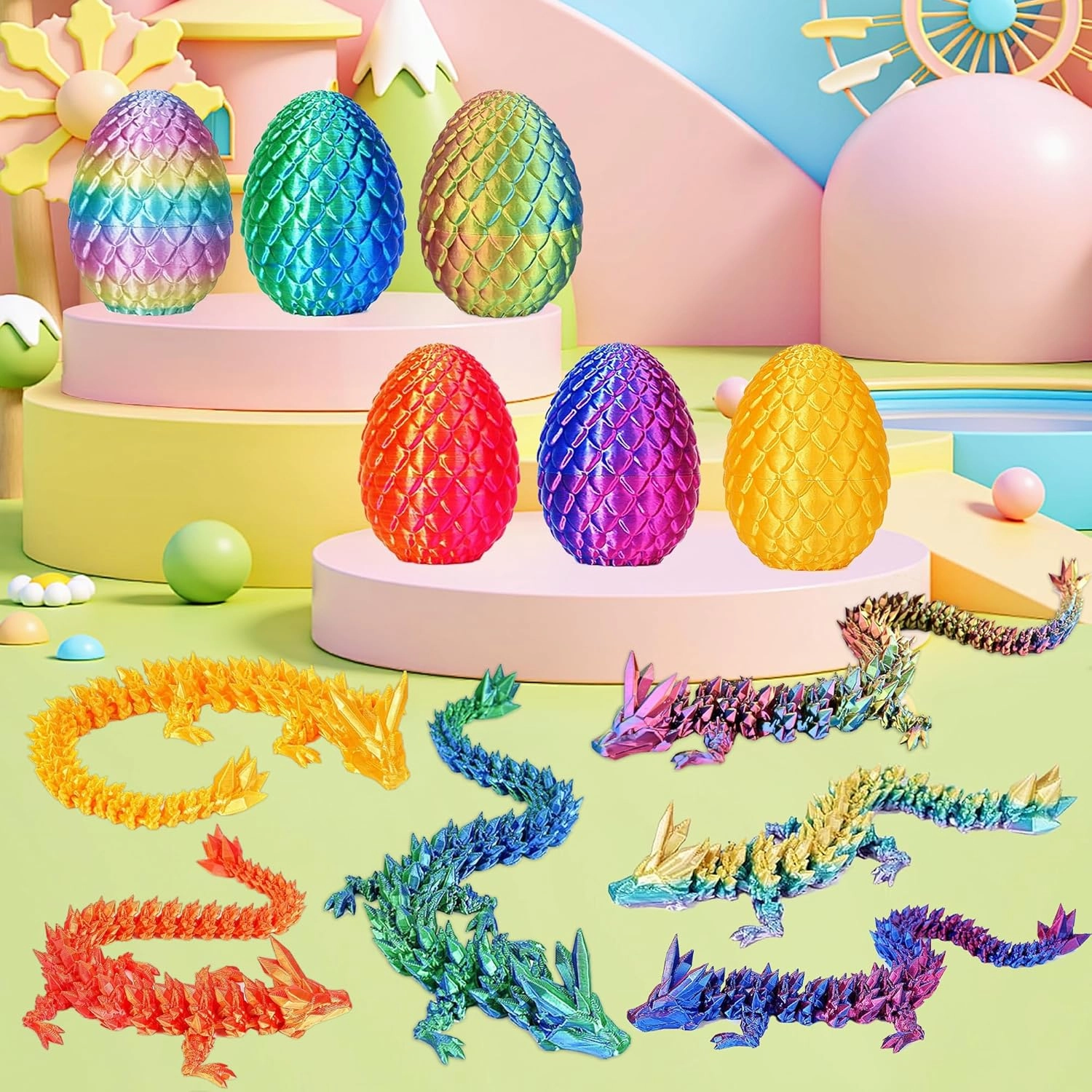 JOD® 4PCS 3D Printed Dragon Eggs with Dragon Inside – Articulated Fidget Toys, Easter Dragon Eggs, Mystery Surprise Easter Eggs for Kids, Unique 3D Printed Animals, Home Decor and Gift Set(6pc-b)