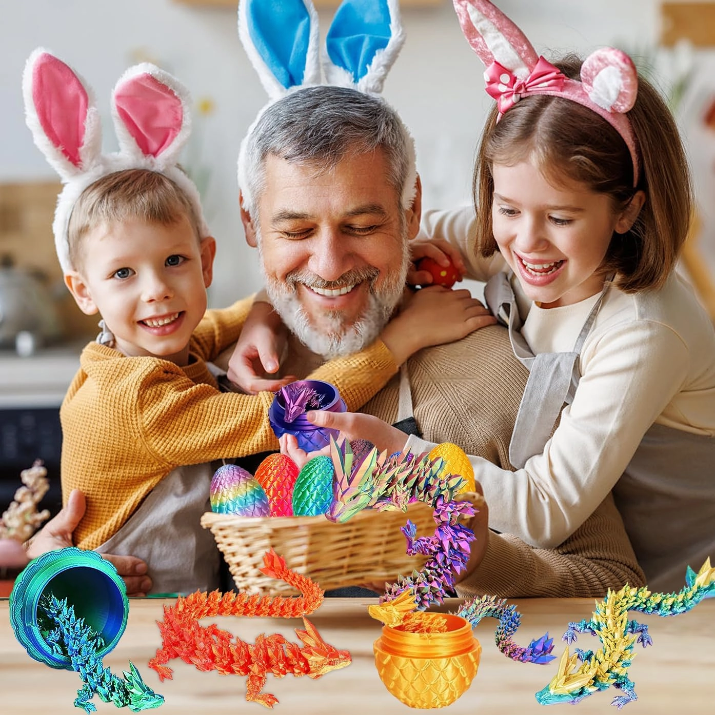 JOD® 4PCS 3D Printed Dragon Eggs with Dragon Inside – Articulated Fidget Toys, Easter Dragon Eggs, Mystery Surprise Easter Eggs for Kids, Unique 3D Printed Animals, Home Decor and Gift Set(6pc-b)