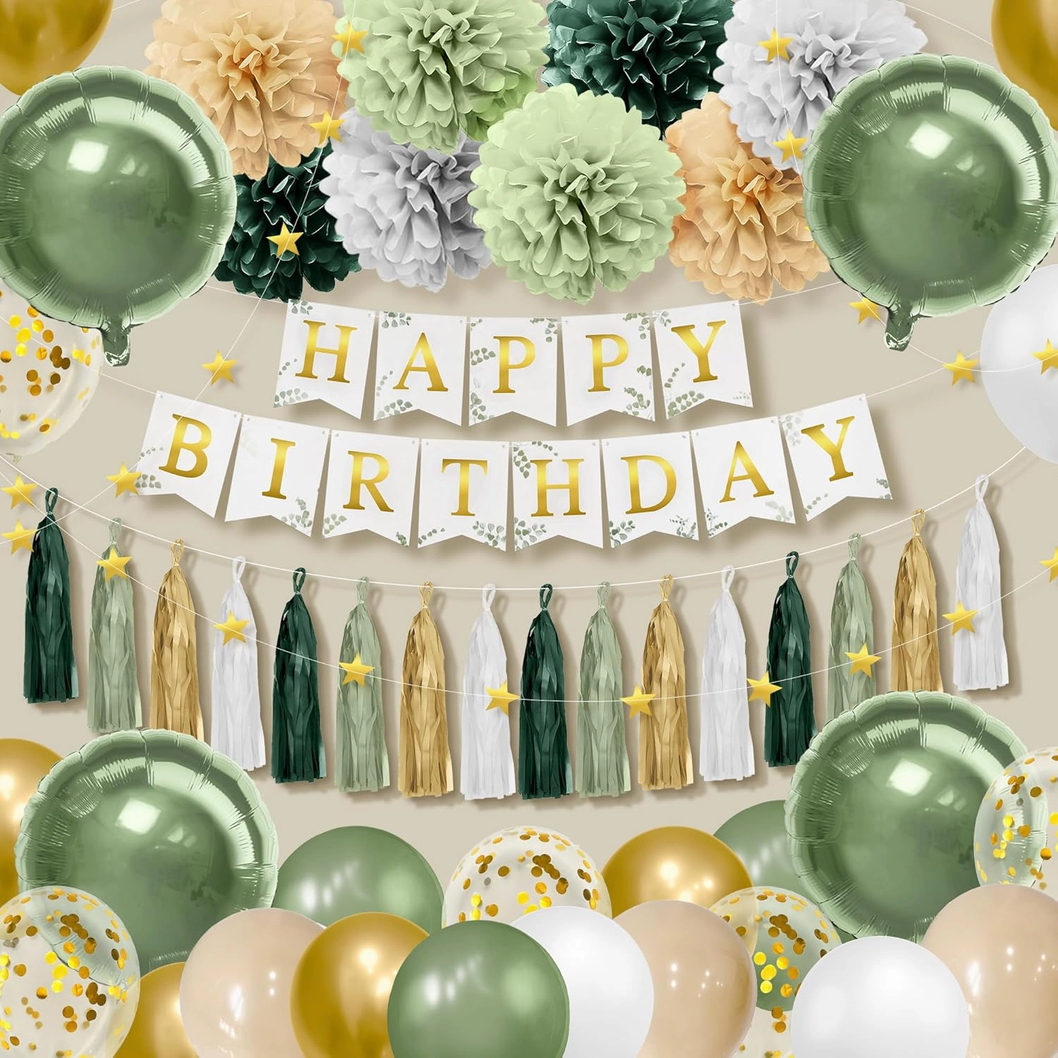 KatchOn, Sage Green Birthday Decorations - Huge Pack of 57 | Happy Birthday Banner, Green Birthday Party Decorations, Pom Poms, Paper tassel | Green Foil Balloons, Green and Gold Birthday Decorations
