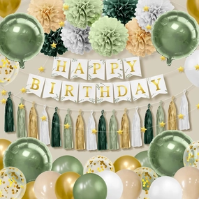 KatchOn, Sage Green Birthday Decorations - Huge Pack of 57 | Happy Birthday Banner, Green Birthday Party Decorations, Pom Poms, Paper tassel | Green Foil Balloons, Green and Gold Birthday Decorations