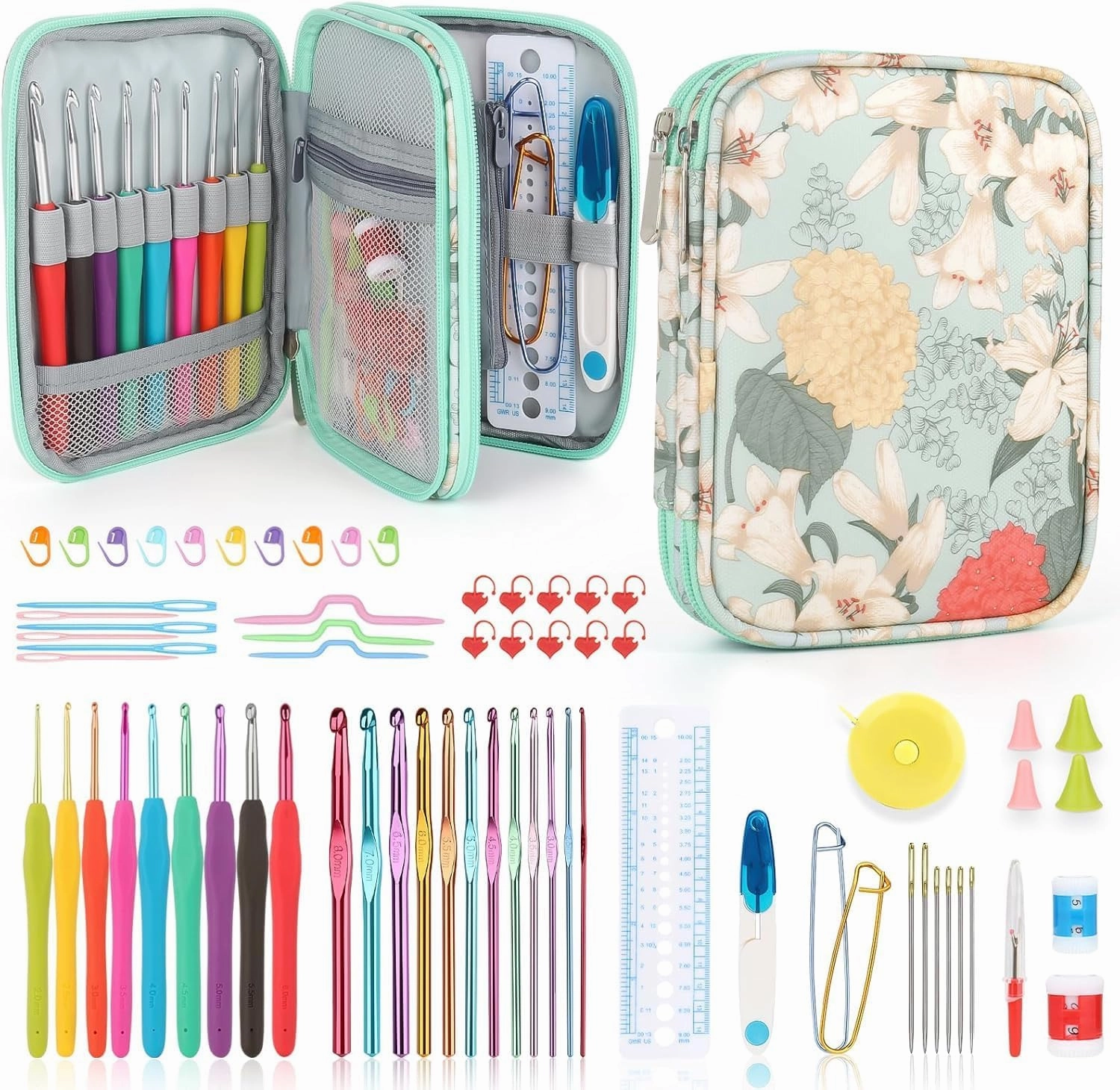 Katech Crochet Hooks Set with Crochet Case, 73 pcs Knitting Accessories Ergonomic Crochet Hook for Making Bag, Glovers, Sock, Colorful Soft Handle Knitting Needles Kits DIY Hand Tool