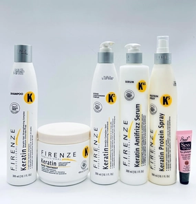 Keratin Kit: Shampoo 10.1fl oz, Mask 13.5 Fl oz, Intense Conditioning complex 10.1 Fl oz, Anti-Frizz Serum 10.14 fl oz & Protein Spray 10.1 Fl Oz - Free Starry Lip Gloss 10ml