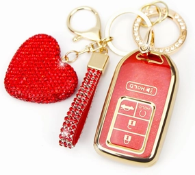 Key Fob Cover with Diamond Keychain Car Key Holder Compatible with Honda Accord Civic CRV Pilot Ridgeline Passport (2016-2022) Smart Remote Key Protector for Women, 5 Buttons (Red-Heart)