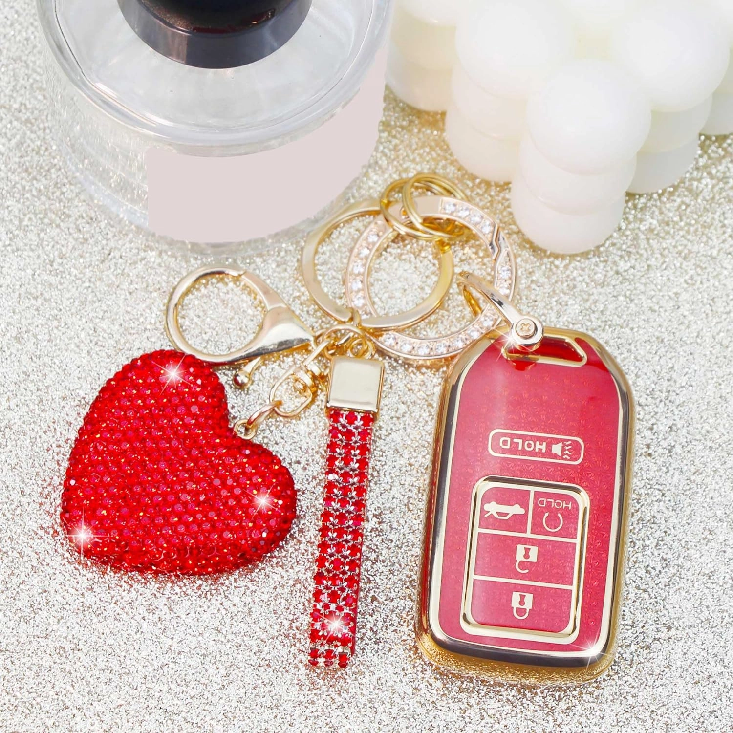 Key Fob Cover with Diamond Keychain Car Key Holder Compatible with Honda Accord Civic CRV Pilot Ridgeline Passport (2016-2022) Smart Remote Key Protector for Women, 5 Buttons (Red-Heart)