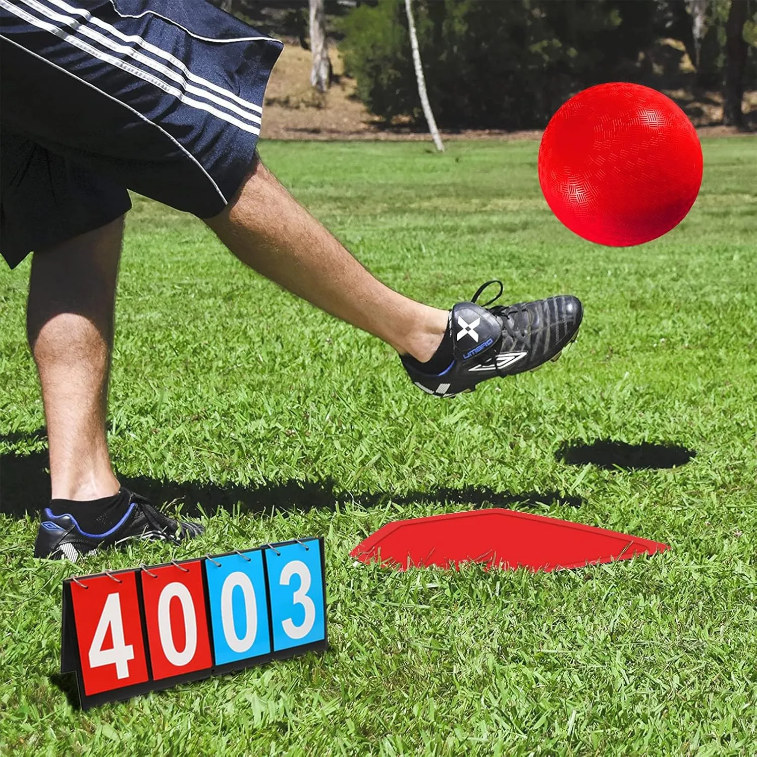 Kickball Set with Bases and Ball - 8.5" Kickball, Rubber Throw Down Bases, Sports Traning Cones, 12" Pump and 14" Scoreboard - Perfect for Kids and Adults - Playground and Backyard Game