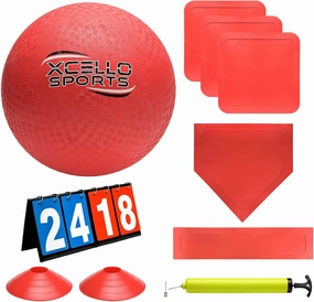Kickball Set - 10" Playground Ball, Throw Down Bases, Foul Marker Discs, 12" Pump and Scoreboard