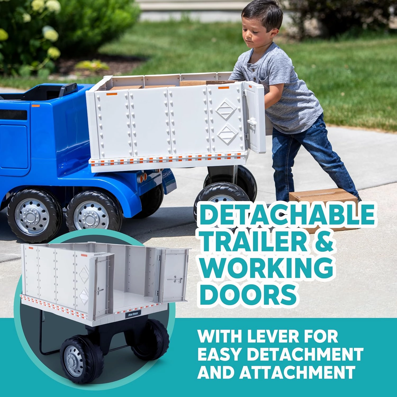 Kid Trax 12V Kids Ride On Semi-Truck with Detachable Trailer - Realistic Sounds, Lights, CB Radio, & Horn, Forward & Reverse, Electric Cars for Kids, Toddler Outdoor Toys, Ages 3-5, Max Weight 77 lbs