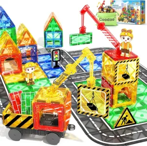 Kids Games Magnetic Tiles with 2 Cranes Construction Set Sensory Toys for Boys Girls Ages 3-6 5-7 8-13, Gifts for 3  Year Old Boys Girls Toddler Outdoor Kids Toys with Car
