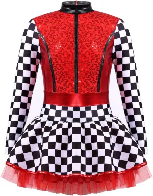 Kids Girls Racing Car Driver Costume Shiny Sequins Dance Costume Halloween Cosplay Fancy Dress Up