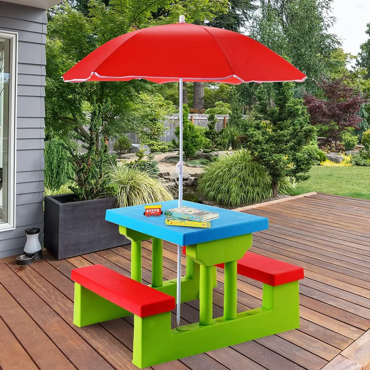 Kids Picnic Table, Kids Outdoor Table and Chairs with Removable and Adjustable Umbrella, Kids Bench Table Indoor, Portable Toddler Picnic Table for Patio, Backyard, Garden (Red)