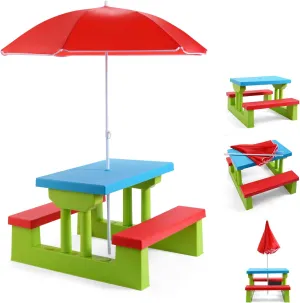 Kids Picnic Table, Kids Outdoor Table and Chairs with Removable and Adjustable Umbrella, Kids Bench Table Indoor, Portable Toddler Picnic Table for Patio, Backyard, Garden (Red)