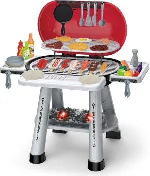Kids Play Kitchen Toys Set: 68-Piece Pretend Grill BBQ Toy with Real Smoke, Sizzling Sound & Lights, Outdoor Cooking Set for Toddlers Ages 3-8, Birthday Gift for Boys & Girls