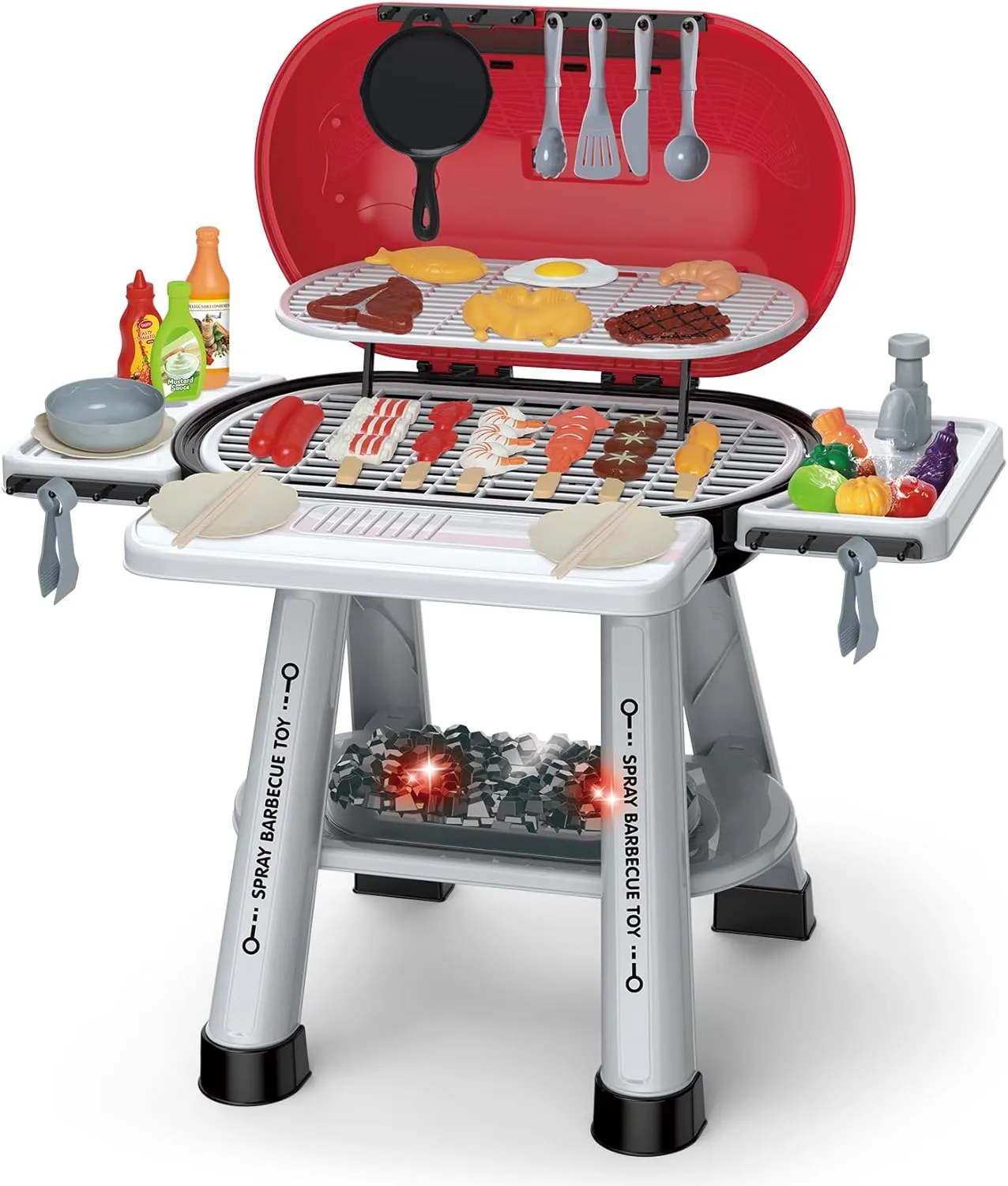 Kids Play Kitchen Toys Set: 68-Piece Pretend Grill BBQ Toy with Real Smoke, Sizzling Sound & Lights, Outdoor Cooking Set for Toddlers Ages 3-8, Birthday Gift for Boys & Girls