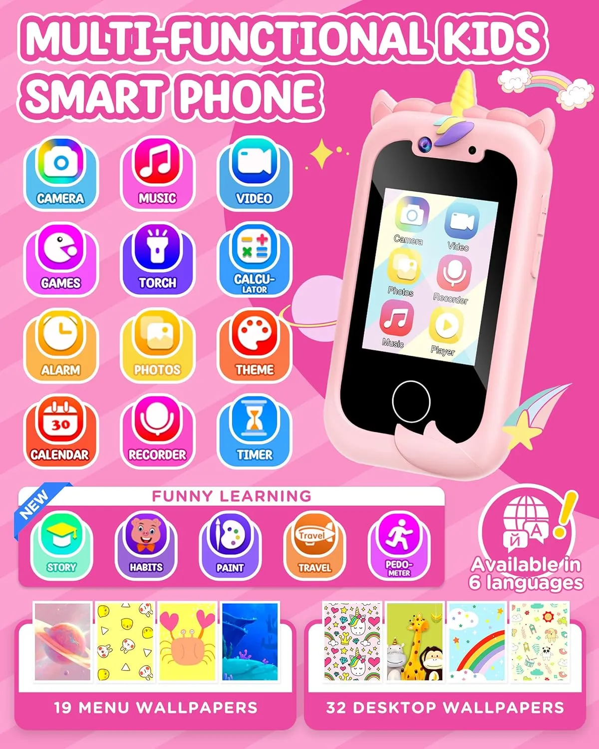 Kids Smart Phone Girls Toy: Christmas Birthday Gifts for Girls Age 3-10 - Working Real Play Cell Phone - Toddler Toy Learning Phone (Pink)