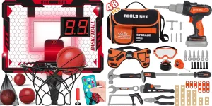 Kids Tool Set- 48PCS Toddler Tool Set Toys with Electronic Toy Drill & Remote Control Mini Basketball Hoop Indoor for Kids