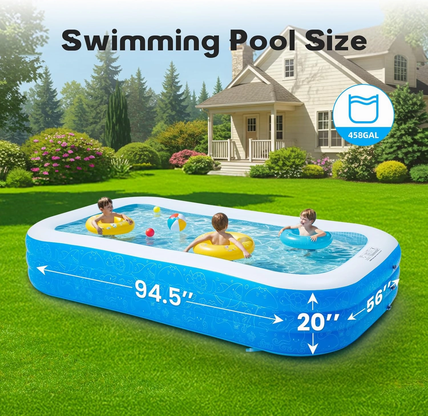 Kids Inflatable Pool, 94.5" x 56" x 20" Rectangular Family Swimming Pool, Durable PVC Material, Blow-up Pool for Children, Outdoor Summer Fun, Easy Setup, Ideal for Backyard, Garden, and Pool Parties