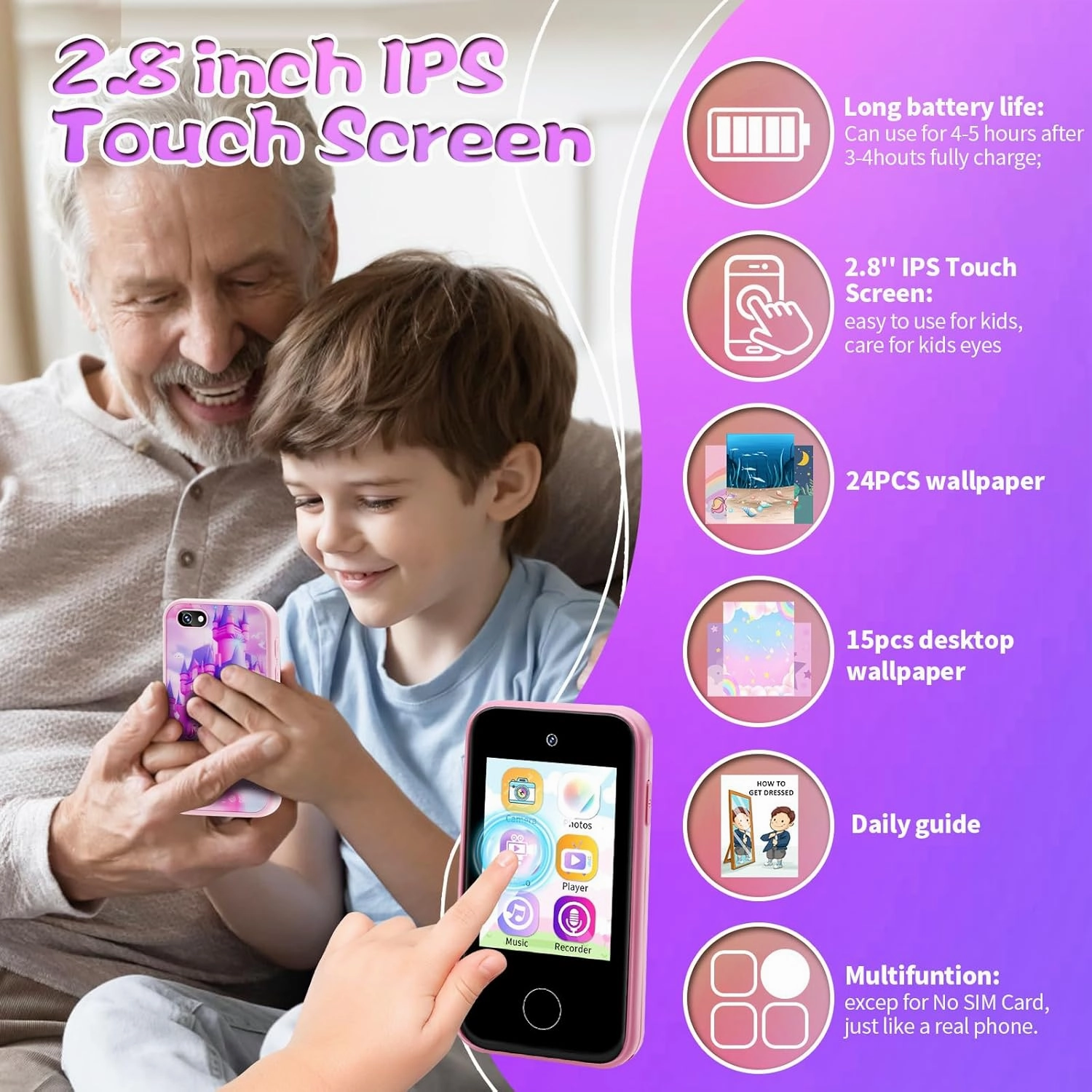 Kids Phone for Age 3~8, Toddler Play& Learning Toy Phone, Xmas Birthday Gift for 3 4 5 6 7 8 Years Old Girl & Boy, Fake Cell Phone with Game, Camera,Alarm,Story, 8GB SD Card (Pink Castle)
