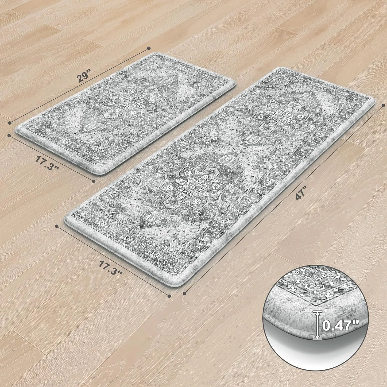 KIMODE Anti Fatigue Kitchen Mats, 2 PCS Cushioned Kitchen Rugs and Mats, Waterproof Kitchen Floor Mats Non Slip, Boho Comfort Foam Standing Mat for Laundry, Office, Sink, Grey Brown 17"x47" 17"x29"