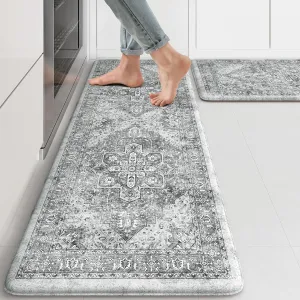 KIMODE Anti Fatigue Kitchen Mats, 2 PCS Cushioned Kitchen Rugs and Mats, Waterproof Kitchen Floor Mats Non Slip, Boho Comfort Foam Standing Mat for Laundry, Office, Sink, Grey Brown 17"x47" 17"x29"