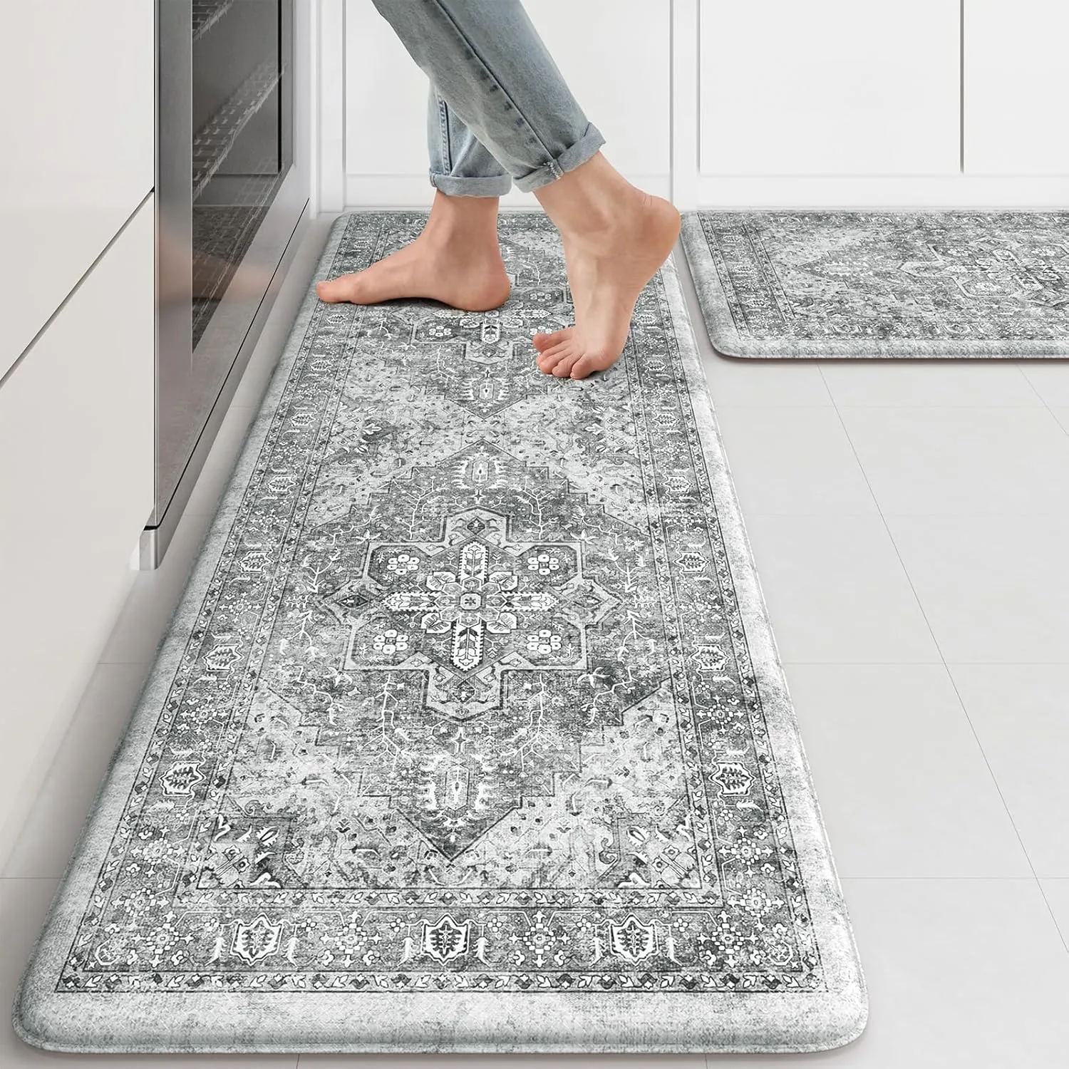 KIMODE Anti Fatigue Kitchen Mats, 2 PCS Cushioned Kitchen Rugs and Mats, Waterproof Kitchen Floor Mats Non Slip, Boho Comfort Foam Standing Mat for Laundry, Office, Sink, Grey Brown 17"x47" 17"x29"