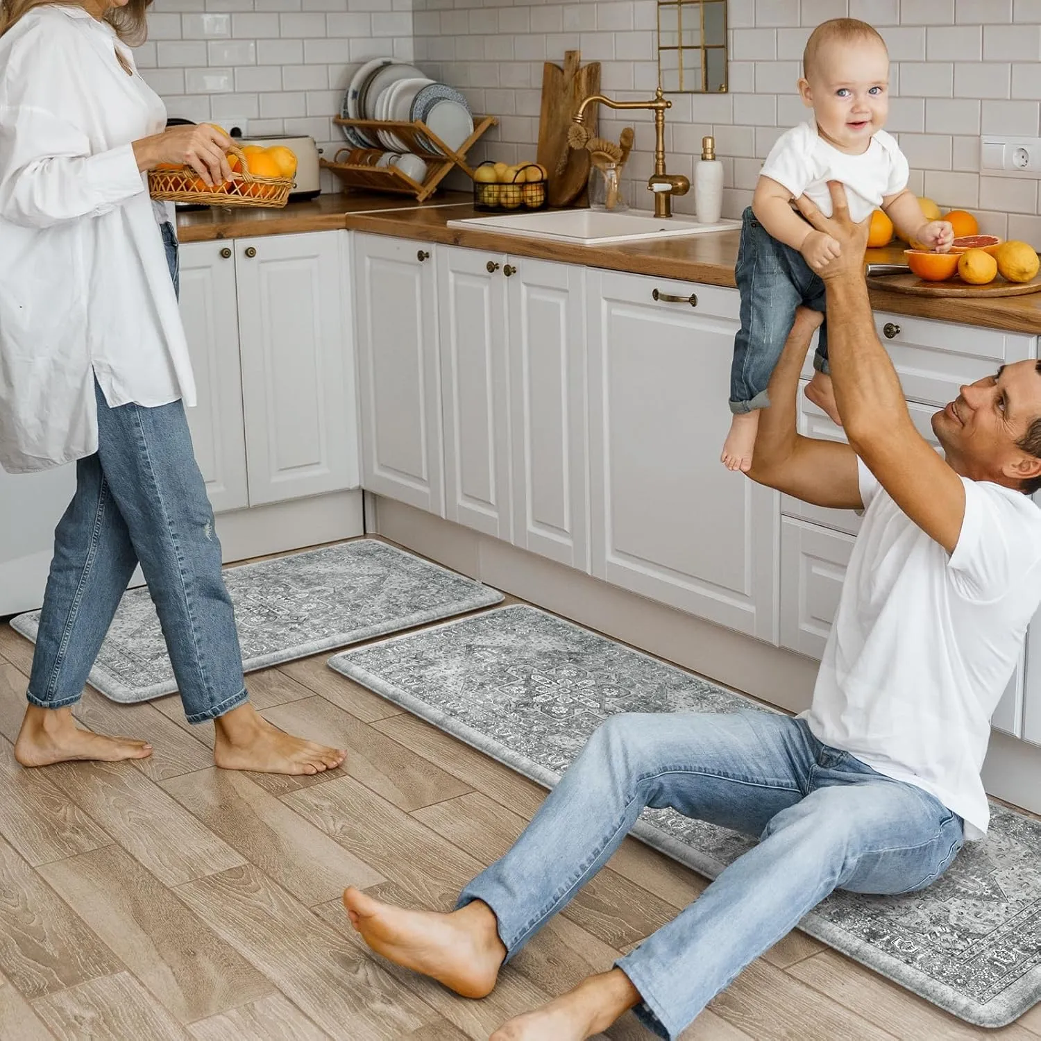 KIMODE Anti Fatigue Kitchen Mats, 2 PCS Cushioned Kitchen Rugs and Mats, Waterproof Kitchen Floor Mats Non Slip, Boho Comfort Foam Standing Mat for Laundry, Office, Sink, Grey Brown 17"x47" 17"x29"