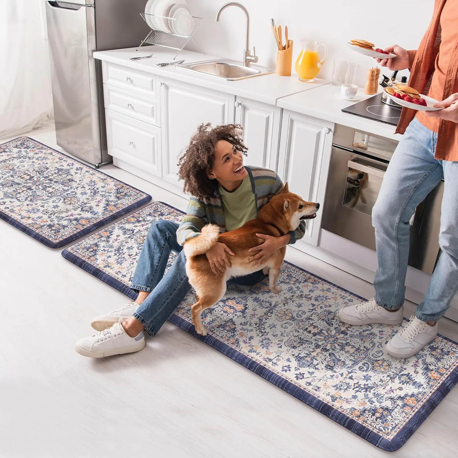 KIMODE Kitchen Mats for Floor, Boho Floral Blue Kitchen Rugs Sets of 2, Anti Fatigue Mats for Kitchen Floor, Cushioned Comfort Kitchen Floor Mats for Sink, Laundry, Desk,17"x47" 17"x29"