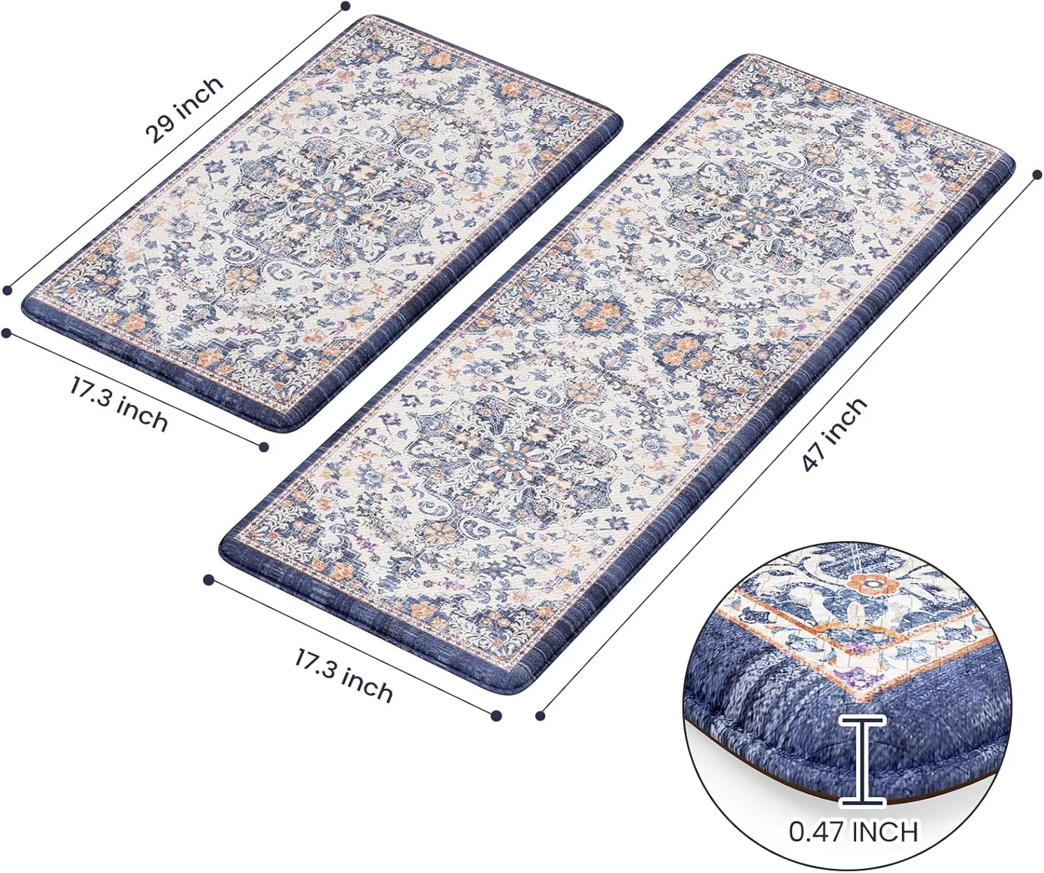KIMODE Kitchen Mats for Floor, Boho Floral Blue Kitchen Rugs Sets of 2, Anti Fatigue Mats for Kitchen Floor, Cushioned Comfort Kitchen Floor Mats for Sink, Laundry, Desk,17"x47" 17"x29"