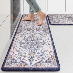 KIMODE Kitchen Mats for Floor, Boho Floral Blue Kitchen Rugs Sets of 2, Anti Fatigue Mats for Kitchen Floor, Cushioned Comfort Kitchen Floor Mats for Sink, Laundry, Desk,17"x47" 17"x29"