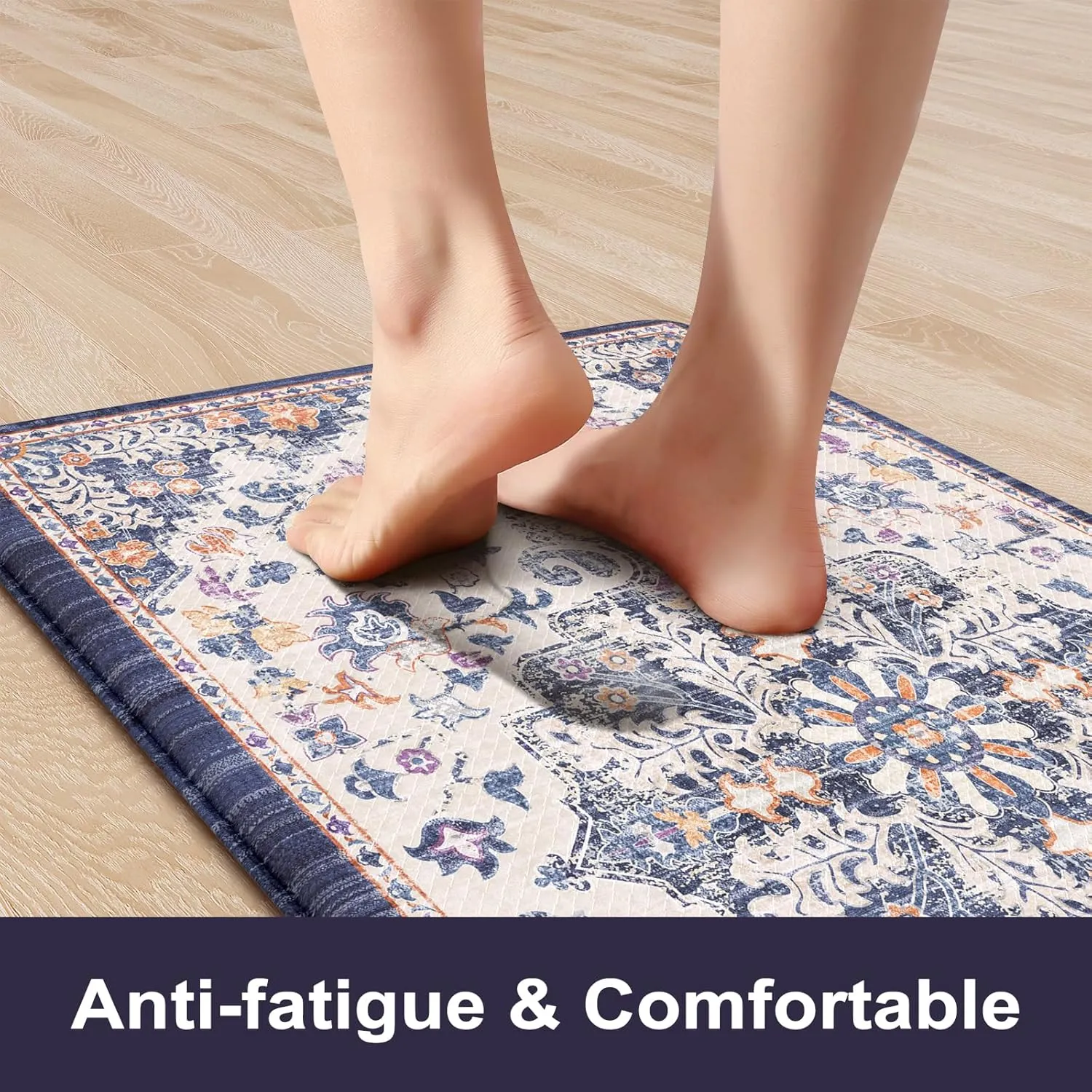 KIMODE Kitchen Mats for Floor, Boho Floral Blue Kitchen Rugs Sets of 2, Anti Fatigue Mats for Kitchen Floor, Cushioned Comfort Kitchen Floor Mats for Sink, Laundry, Desk,17"x47" 17"x29"