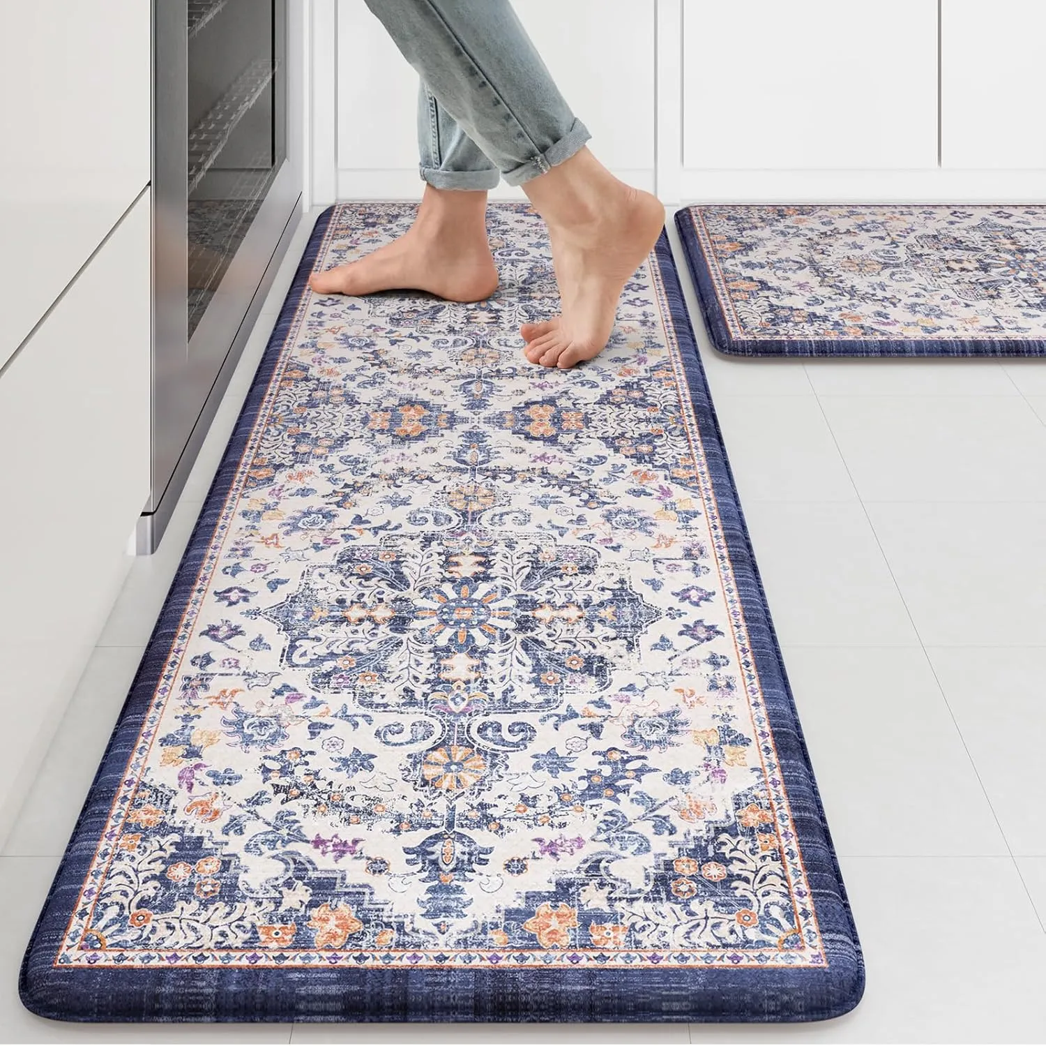 KIMODE Kitchen Mats for Floor, Boho Floral Blue Kitchen Rugs Sets of 2, Anti Fatigue Mats for Kitchen Floor, Cushioned Comfort Kitchen Floor Mats for Sink, Laundry, Desk,17"x47" 17"x29"
