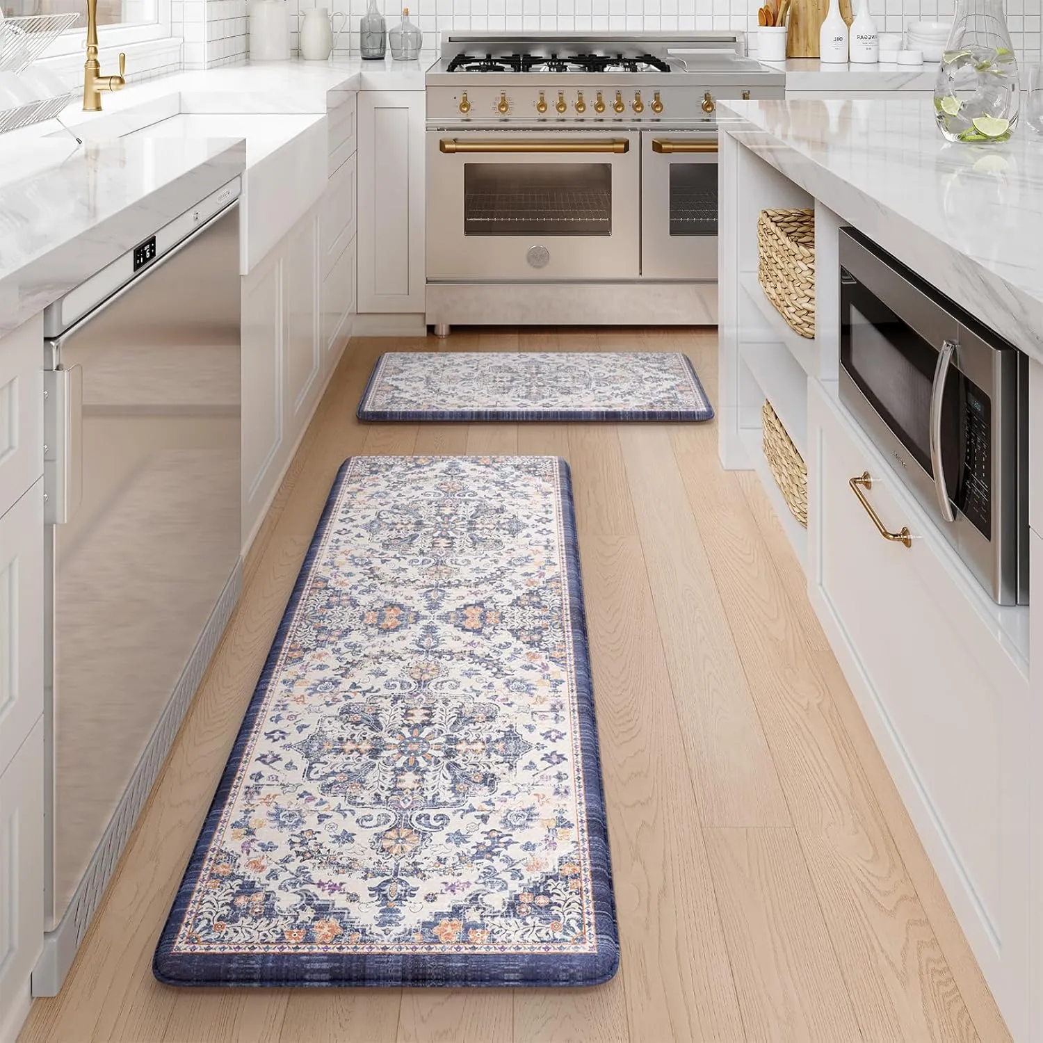 KIMODE Kitchen Mats for Floor, Boho Floral Blue Kitchen Rugs Sets of 2, Anti Fatigue Mats for Kitchen Floor, Cushioned Comfort Kitchen Floor Mats for Sink, Laundry, Desk,17"x47" 17"x29"
