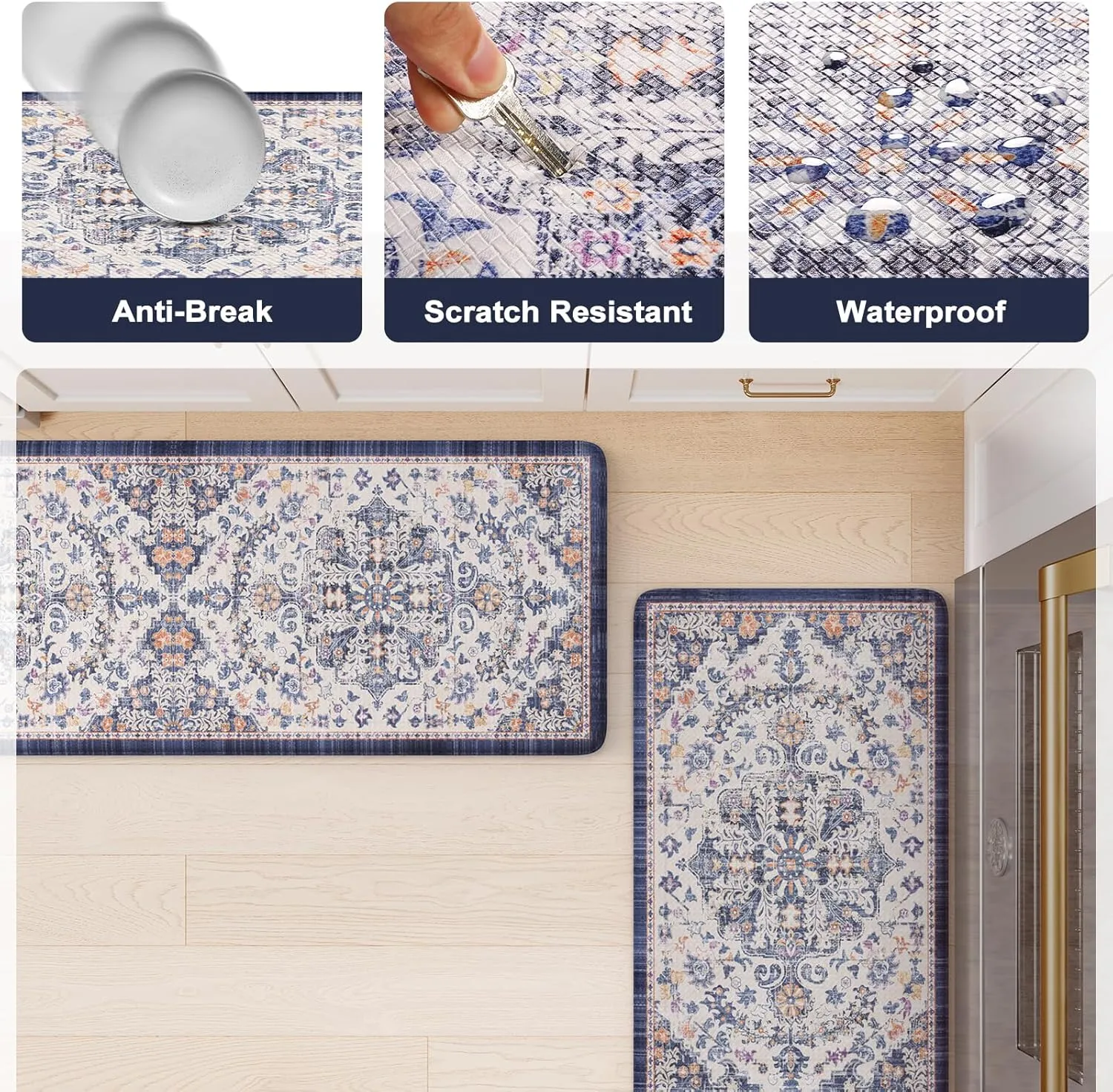 KIMODE Kitchen Mats for Floor, Boho Floral Blue Kitchen Rugs Sets of 2, Anti Fatigue Mats for Kitchen Floor, Cushioned Comfort Kitchen Floor Mats for Sink, Laundry, Desk,17"x47" 17"x29"