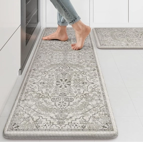 KIMODE Kitchen Mats Cushioned Anti Fatigue, Boho Vintage Grey Kitchen Rugs Sets of 2, Non-Slip Kitchen Mats for Floor, Padded Kitchen Floor Mat for Sink, Laundry, Office, Desk,17"x47" 17"x29"