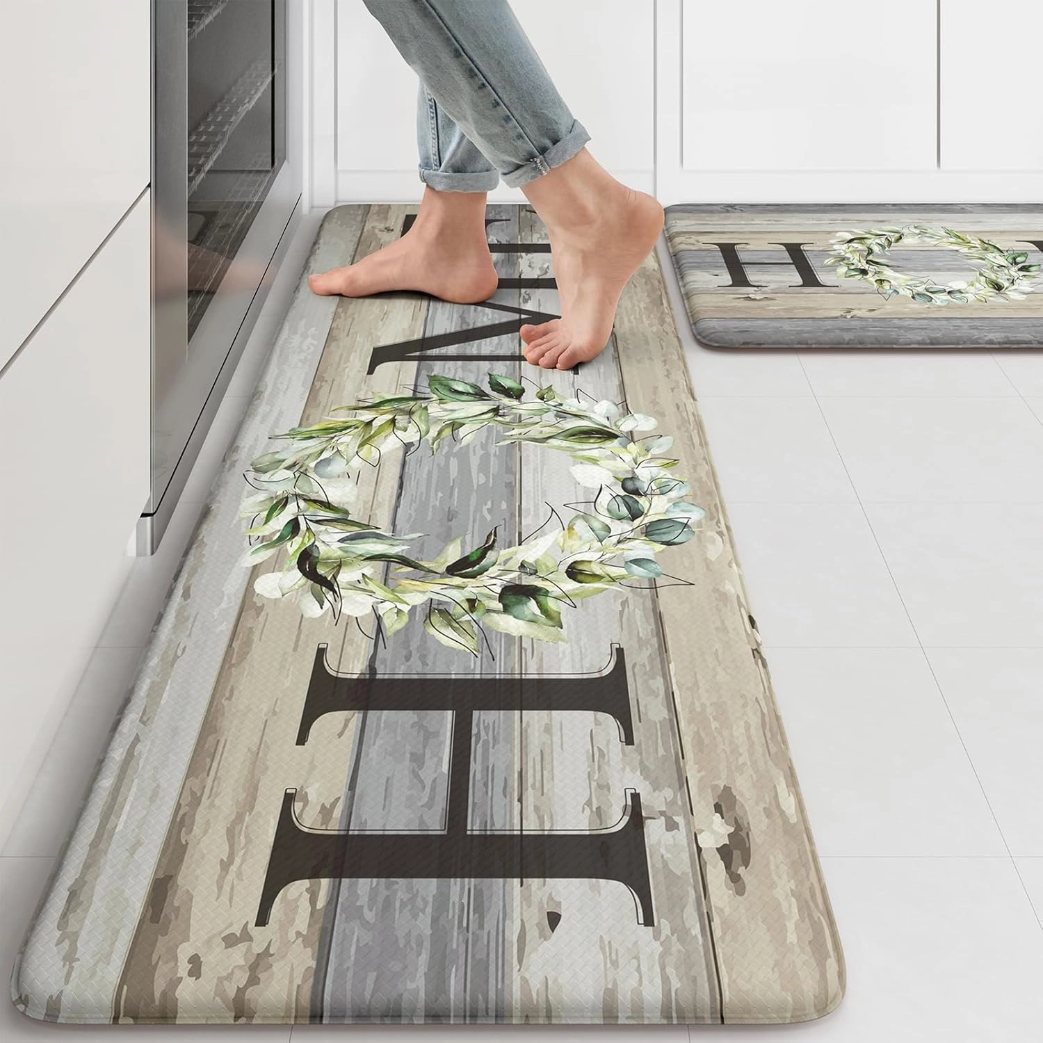 KIMODE Kitchen Mats for Floor 17"x47" 17"x29", Farmhouse Kitchen Rugs Sets of 2, Anti Fatigue Mats for Kitchen Floor, Cushioned Comfort Kitchen Floor Mats for Sink, Laundry, Desk Grey