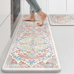 KIMODE Kitchen Mats for Floor, 17"x47" 17"x29" Boho Vintage Kitchen Rugs 2 PCS, Cushioned Anti Fatigue Mats for Kitchen Floor, Non-Slip Kitchen Floor Mats, Sink, Laundry, Office, Desk Pink