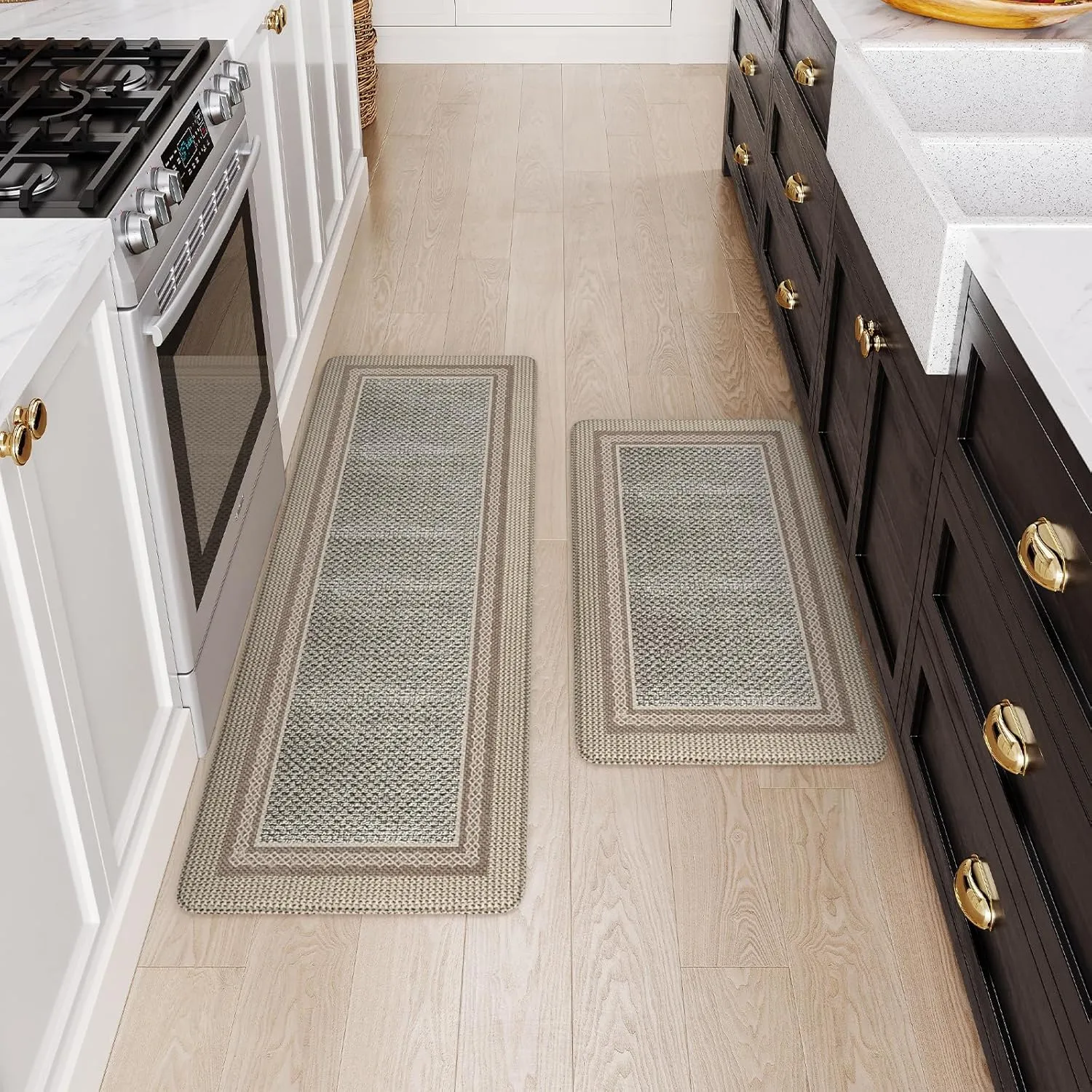 Kitchen Mats for Floor Anti Fatigue, Memory Foam Kitchen Mat Non Slip, Kitchen Rugs Sets of 2, PVC Ergonomic Comfort Standing Rug for Kitchen Decor, Office, Laundry, Brown
