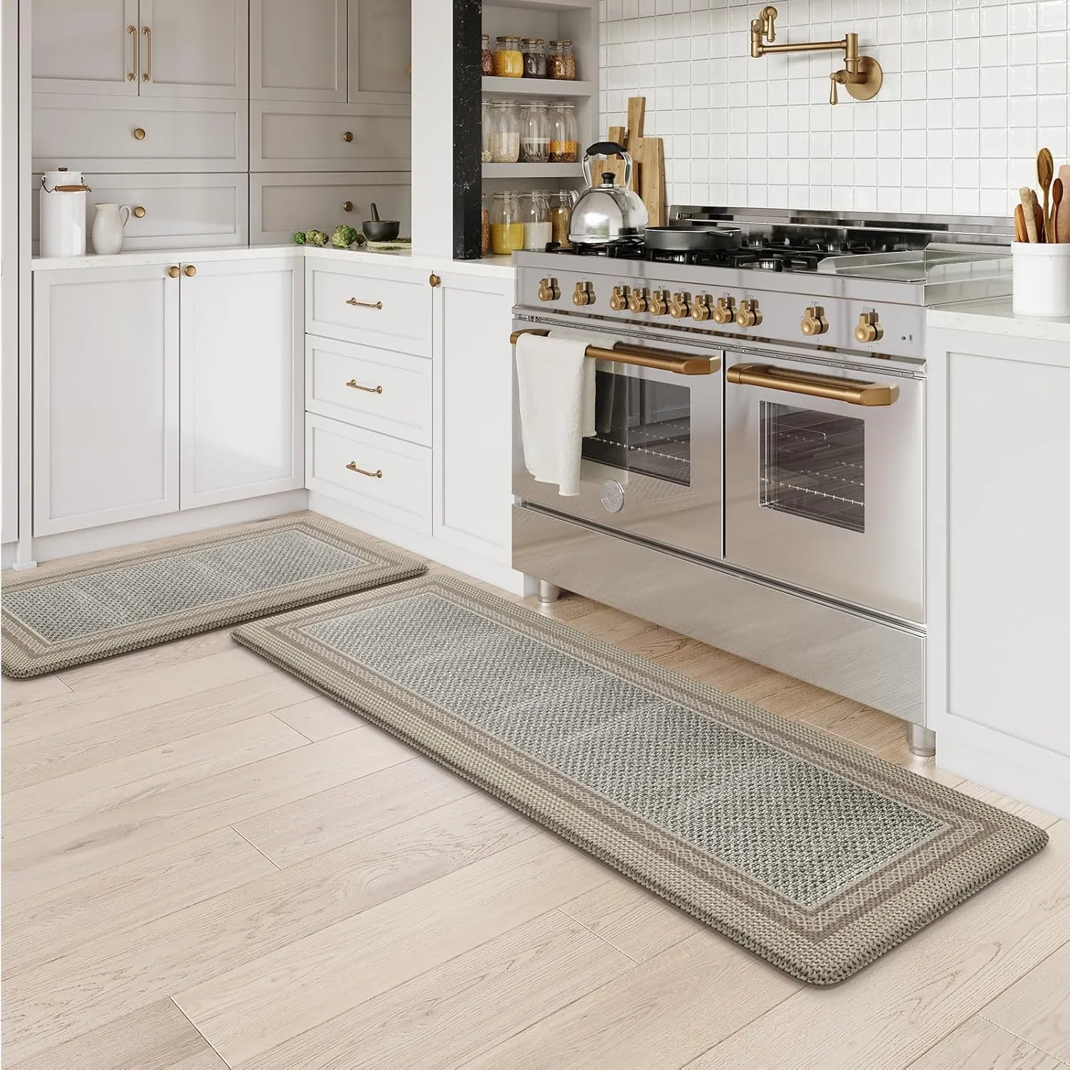 Kitchen Mats for Floor Anti Fatigue, Memory Foam Kitchen Mat Non Slip, Kitchen Rugs Sets of 2, PVC Ergonomic Comfort Standing Rug for Kitchen Decor, Office, Laundry, Brown