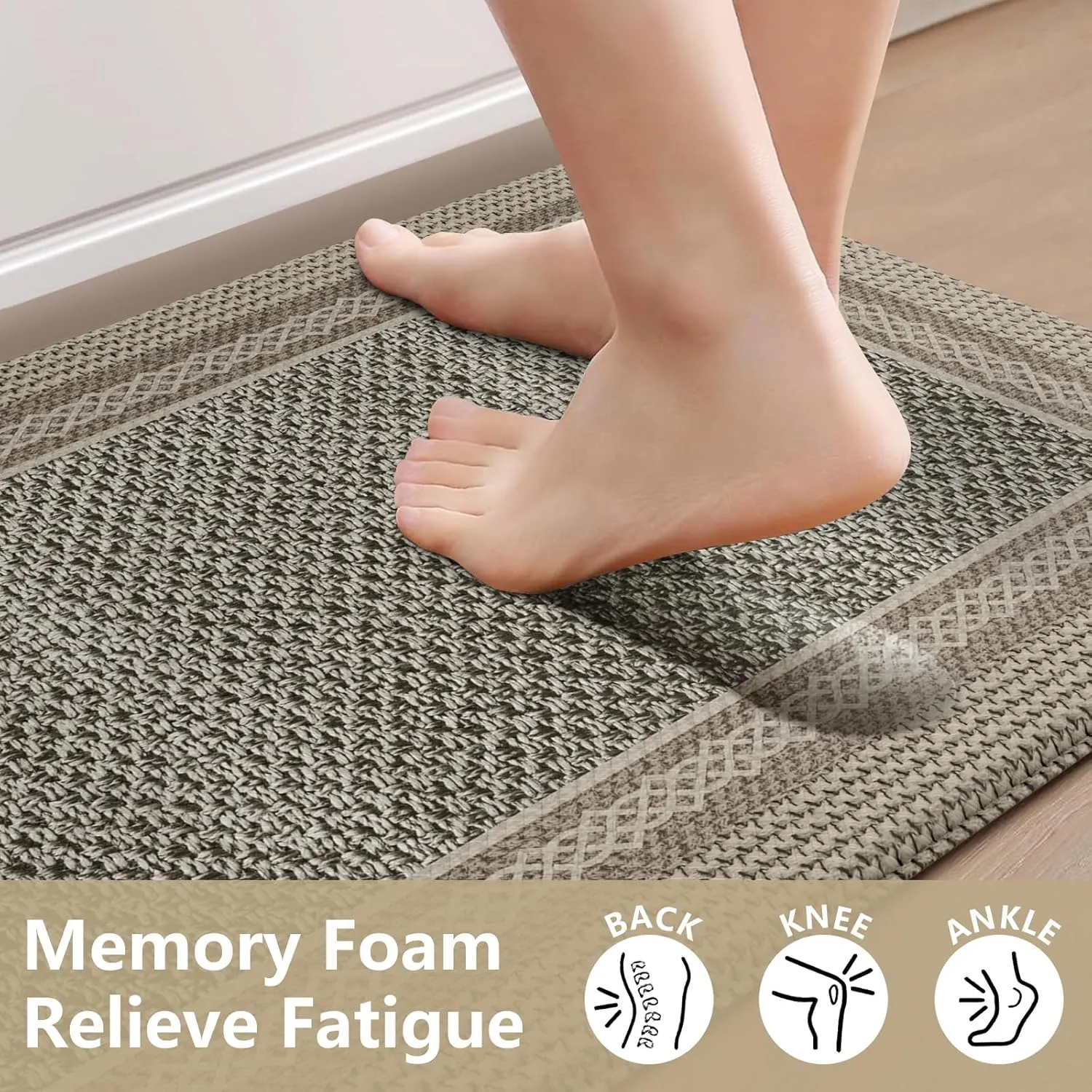 Kitchen Mats for Floor Anti Fatigue, Memory Foam Kitchen Mat Non Slip, Kitchen Rugs Sets of 2, PVC Ergonomic Comfort Standing Rug for Kitchen Decor, Office, Laundry, Brown