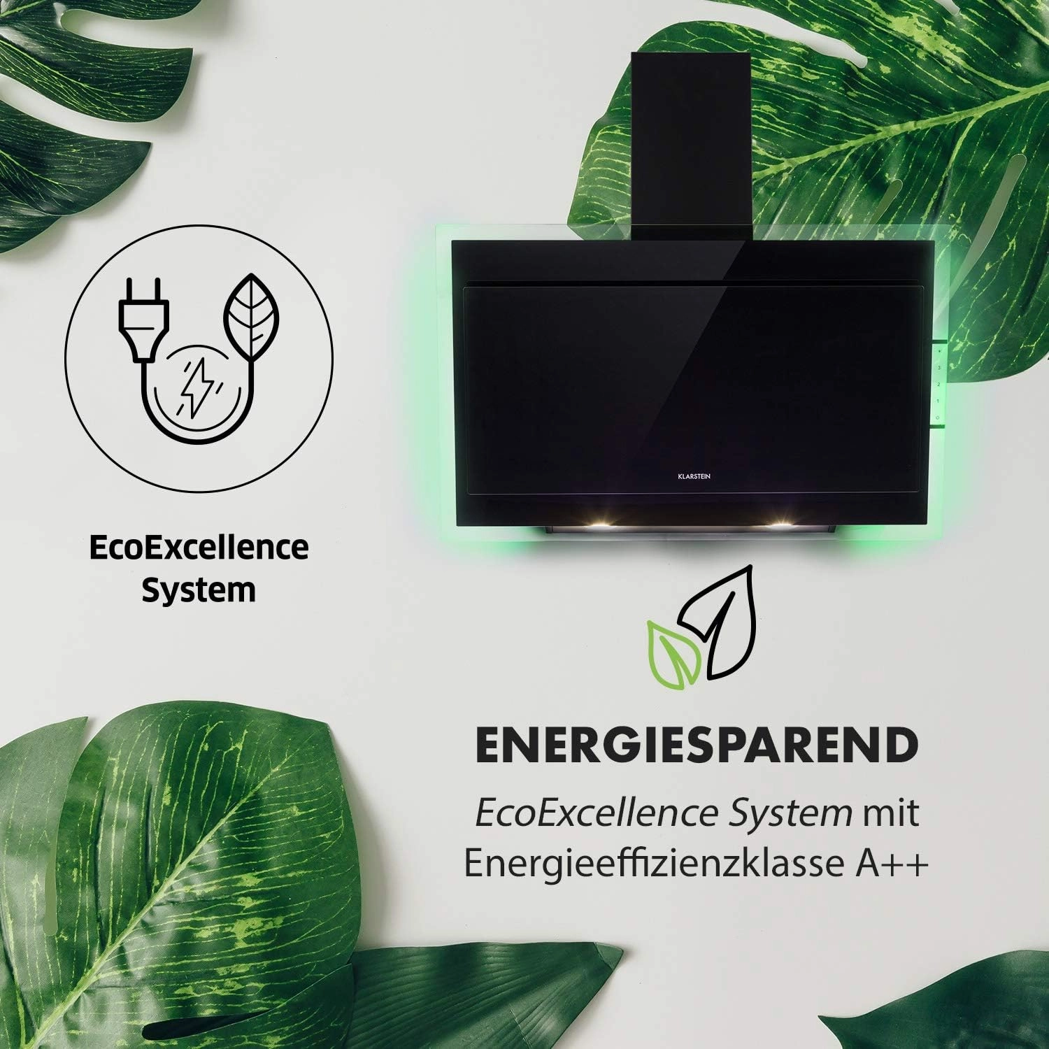 Klarstein Mirage 90 Black Edition Wall Mounted Cooker Hood with Free Head, 90 cm, Extractor Flow Rate: 550 m3/h, Energy Class A  , Touchpad, RGB Light, Black