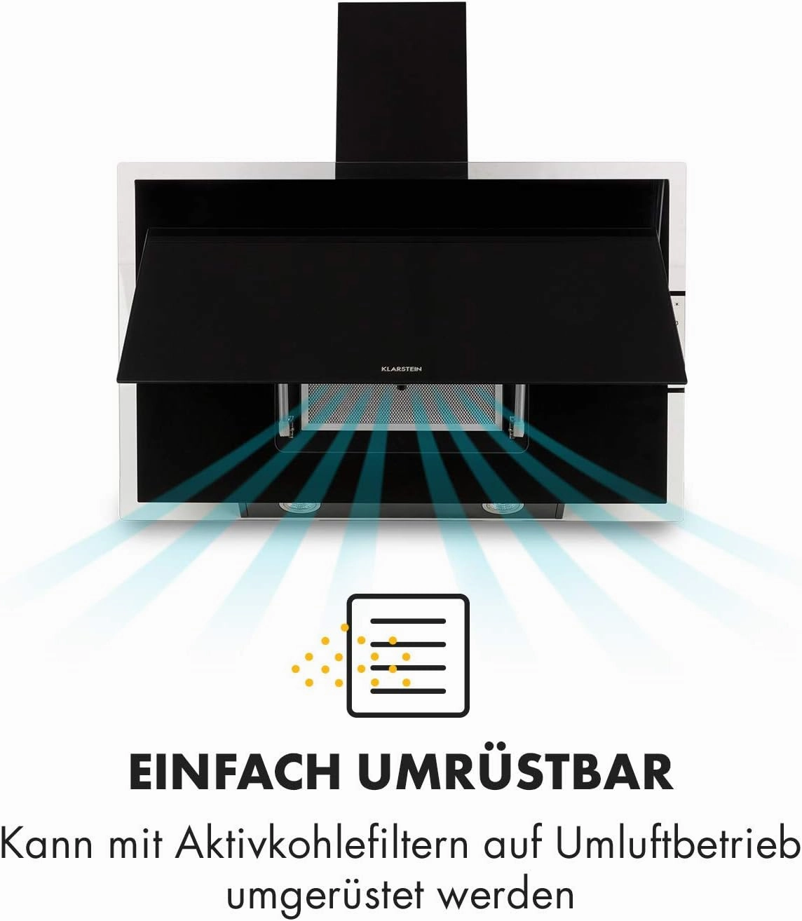Klarstein Mirage 90 Black Edition Wall Mounted Cooker Hood with Free Head, 90 cm, Extractor Flow Rate: 550 m3/h, Energy Class A  , Touchpad, RGB Light, Black