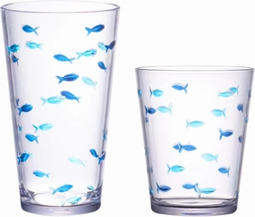 KLIFA- CHARLESTON- 16.5 & 19 oz, Set of 8, Acrylic Fishing Highball, School of Fish Drinking Glasses, BPA-Free, Stackable Plastic Drinkware, Dishwasher Safe Cups, Dark and Light Blue Printing