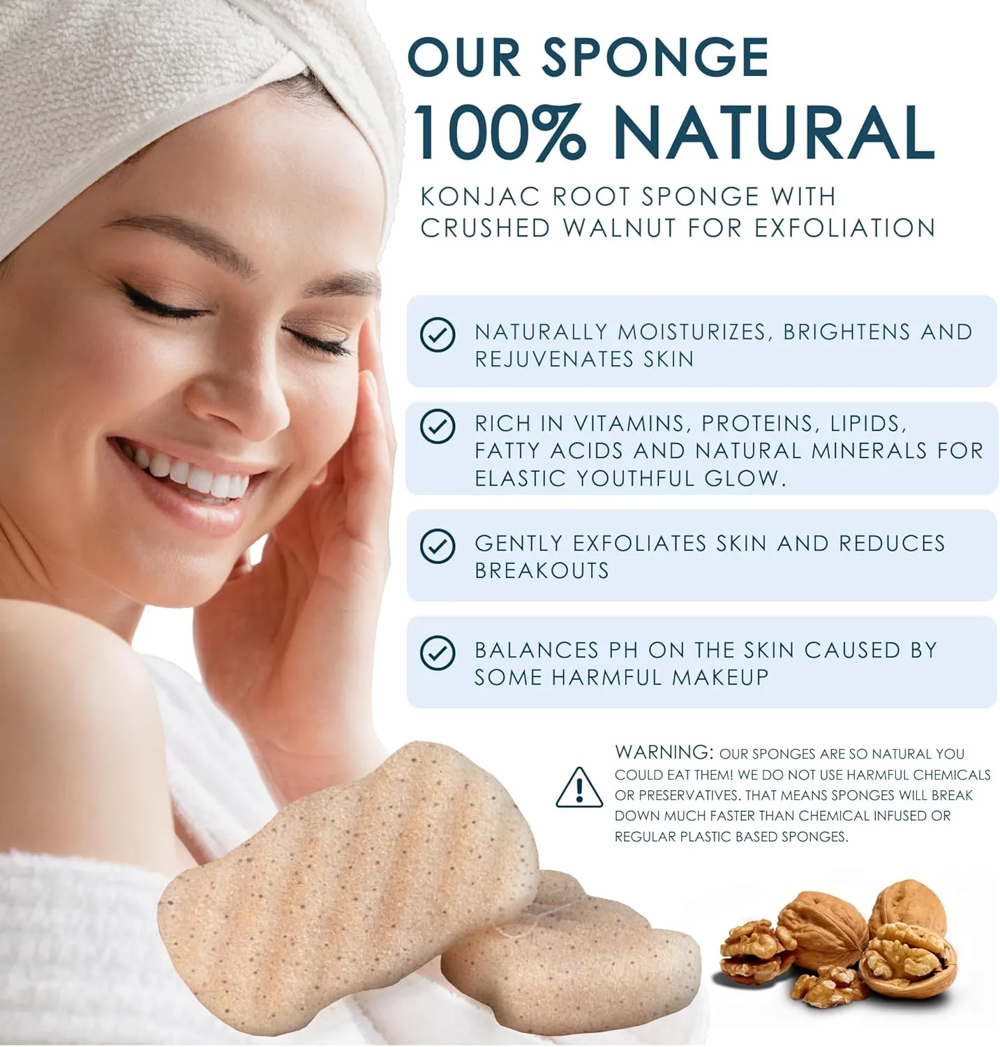 Konjac Body Sponge (2 Pack) Exfoliating Crushed Walnut | 100% Natural & Dye Free | Non-Toxic | Biodegradable | Eco-Friendly | Plastic Free Packaging