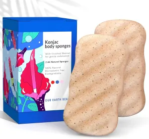 Konjac Body Sponge (2 Pack) Exfoliating Crushed Walnut | 100% Natural & Dye Free | Non-Toxic | Biodegradable | Eco-Friendly | Plastic Free Packaging