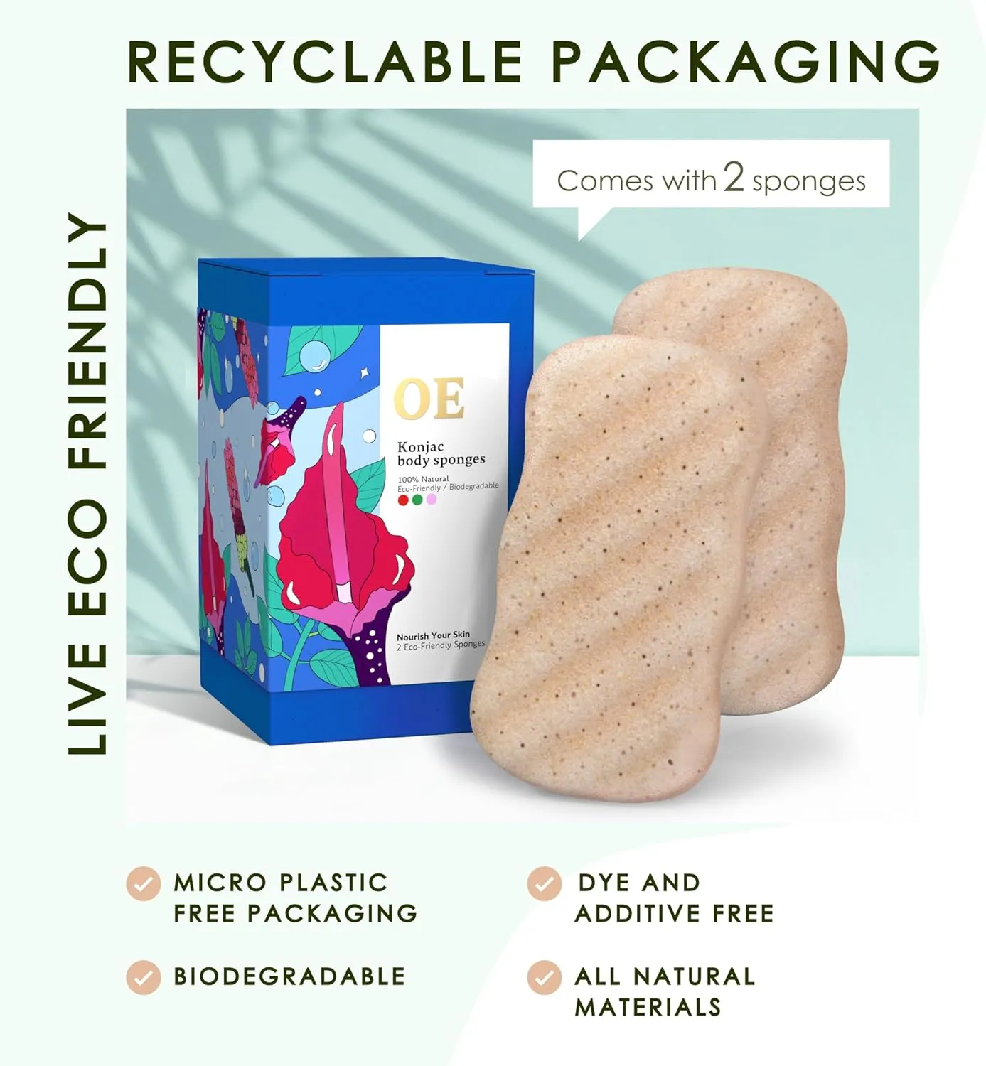Konjac Body Sponge (2 Pack) Exfoliating Crushed Walnut | 100% Natural & Dye Free | Non-Toxic | Biodegradable | Eco-Friendly | Plastic Free Packaging