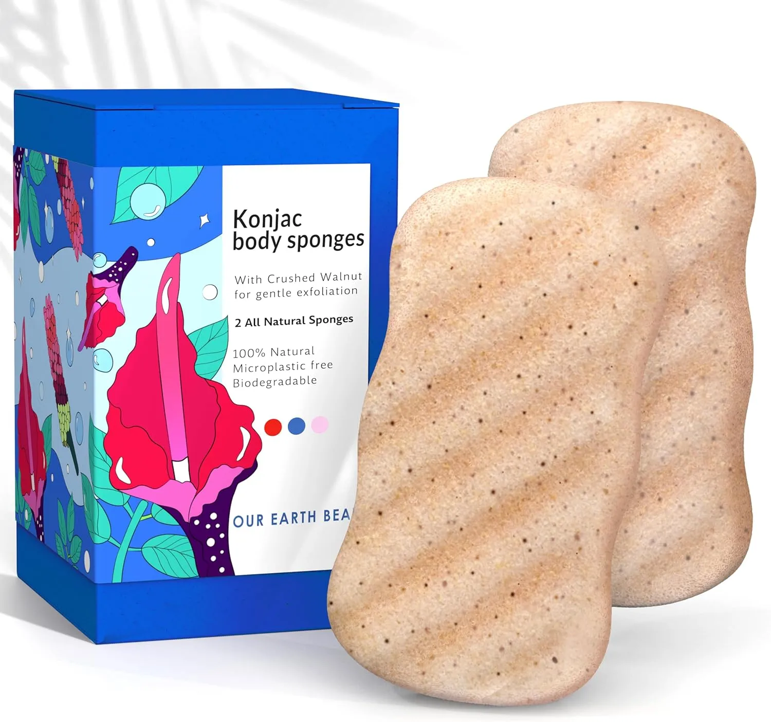 Konjac Body Sponge (2 Pack) Exfoliating Crushed Walnut | 100% Natural & Dye Free | Non-Toxic | Biodegradable | Eco-Friendly | Plastic Free Packaging