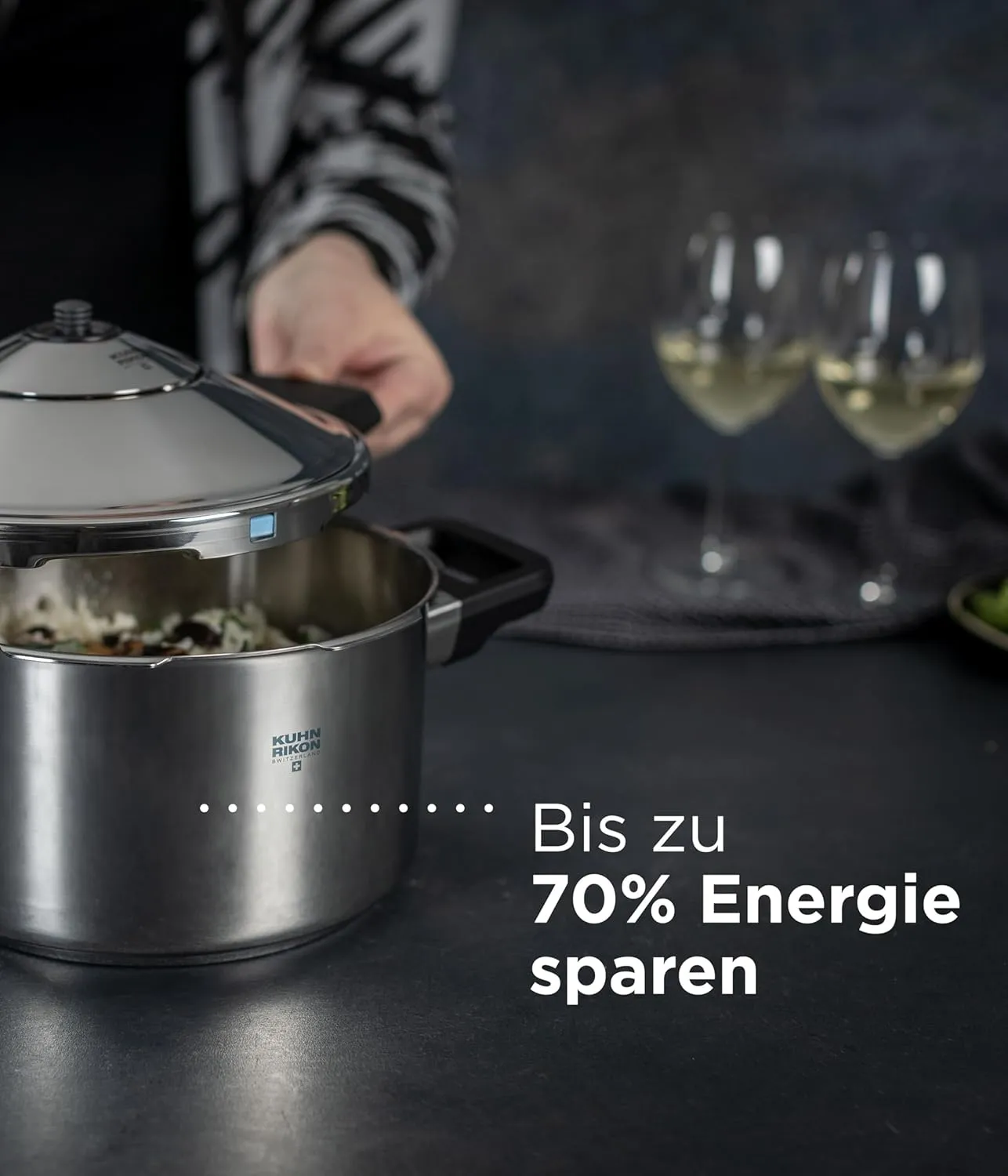 Kuhn Rikon DUROMATIC® Pressure Cooker 8.75” 6.3 qt family of 4 with side handles to save space