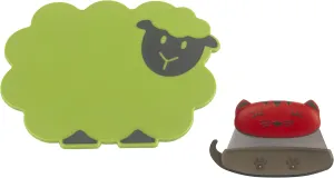 Kuhn Rikon Kinderkitchen Kids Cutting Set, 2 Pieces, Green/Black/Red | Sheep Cutting Board & Cat Mezzaluna Knife With Blade Protector | Child-Friendly Cutting Tools for Real Cooking