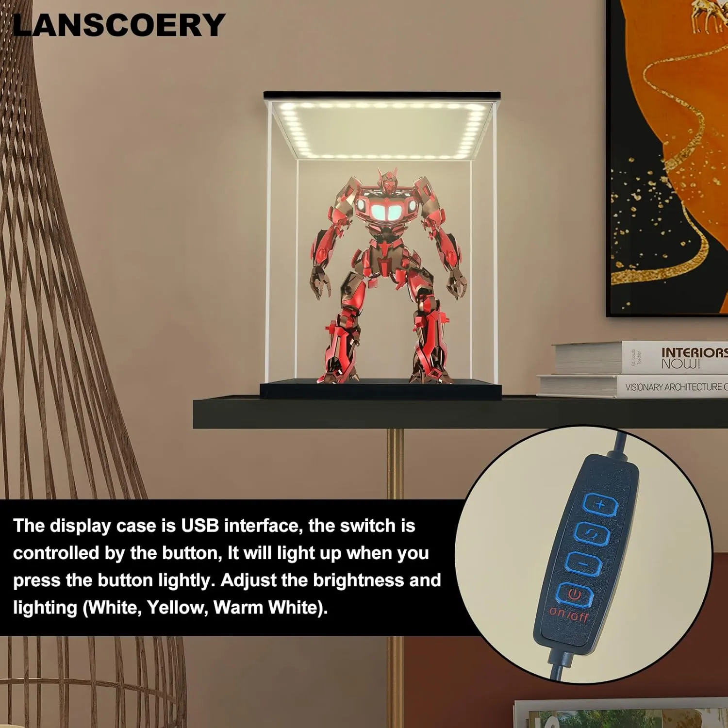 LANSCOERY Clear Acrylic Display Case with White and Warm LED Light, Showcase and Display Box, Dustproof with UV Protection, Perfect for Figures Collectibles - 13.8x13.8x13.8inch